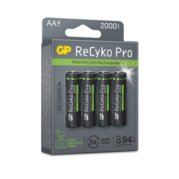 Laddningsbara batterier AA x 4-2000 - GP RECYKO PRO Photoflash - Förladdat batteri med hög kapacitet - NiMH 1.2V LR06