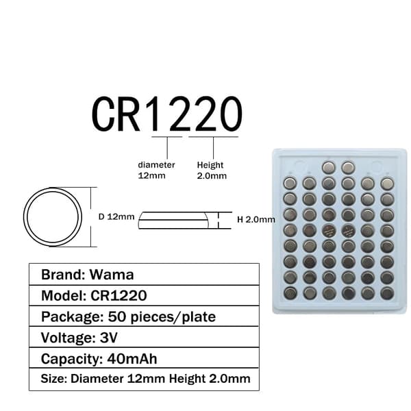 CR1220 Lithium Knapcellebatterier, 50mAh kapacitet, kompakt størrelse, bulkpakke med 500 stk.