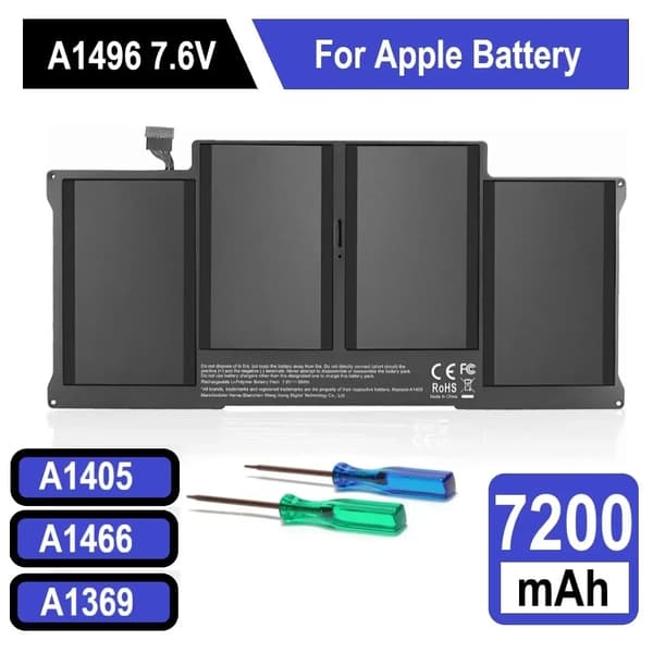 Erstatningsbatteri til MacBook Air 13", 7200mAh kapacitet, overopladningsbeskyttelse,A1405 A1466, 7200mAh
