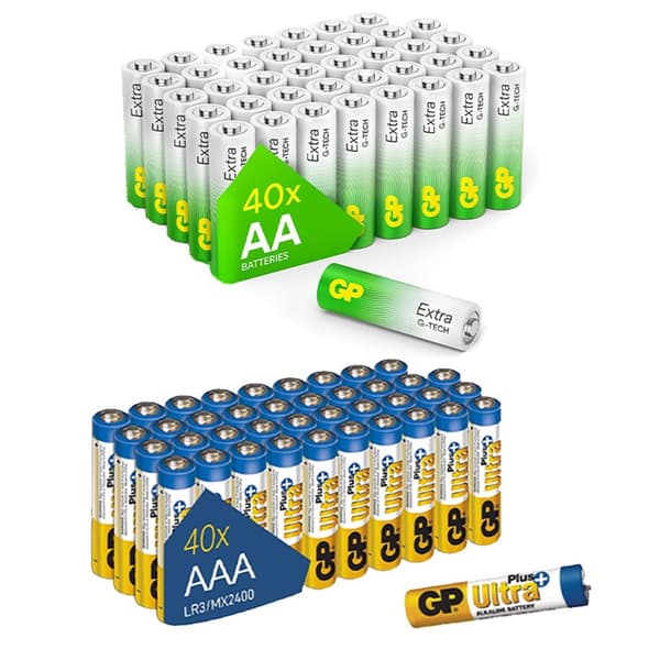 Förpackning med 40 AA-batterier GP och förpackning med 40 AAA-batterier - pålitlig och långvarig strömförsörjning för alla dina enheter, perfekt för h