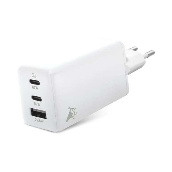 USB Väggladdare GaN 67W – Aqiila Chargebird W65 med 3 USB-portar för Snabbladdning och Återvunnet Material Vit