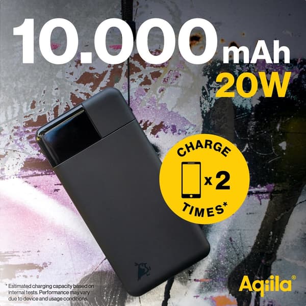 Powerbank 10 000 mAh – Aqiila Powerbird B10B - Laddare för 3 Enheter Samtidigt, 20W Snabbladdning, Perfekt för Vardagsbruk, Svart