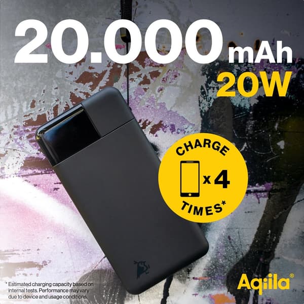 Aqiila Powerbank Powerbird B20B 20 000 mAh – Snabbladdare för Tre Enheter, 20W Snabbladdning, Laddar Mobil Fyra Gånger, Svart