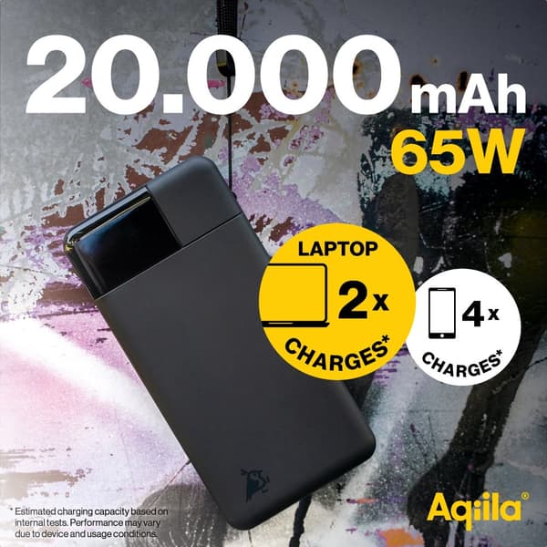 Aqiila Powerbank Powerbird B20B+ 20 000 mAh – 65W Snabbladdare för Laptop och Mobil, Svart