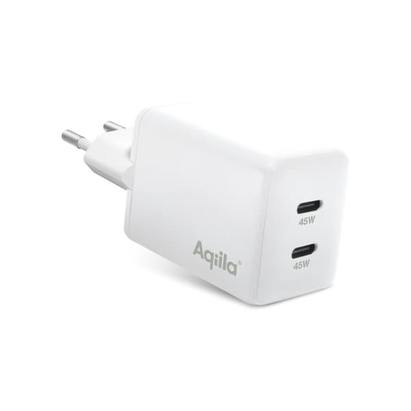 USB Väggladdare GaN 45W – Aqiila Chargebird W45 med 2 USB-C-portar för Snabbladdning och Återvunnet Material