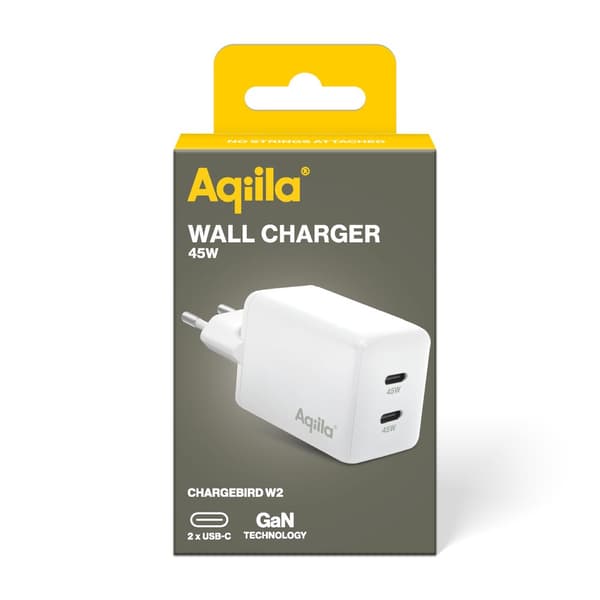 USB Väggladdare GaN 45W – Aqiila Chargebird W45 med 2 USB-C-portar för Snabbladdning och Återvunnet Material