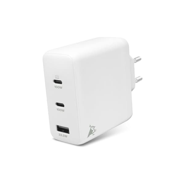 Väggladdare GaN 120W – Aqiila Chargebird W120 Snabbladdning för Tre Enheter Samtidigt med Återvunnet Material Vit