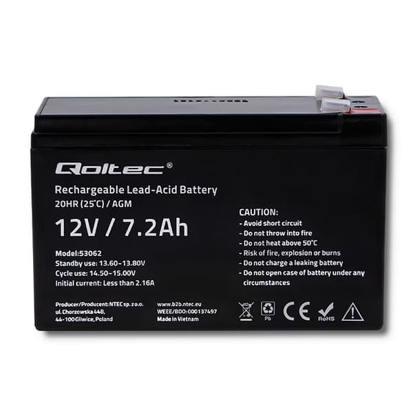 Qoltec 53062 AGM-batteri | 12V | 7,2 Ah | maks. 108A