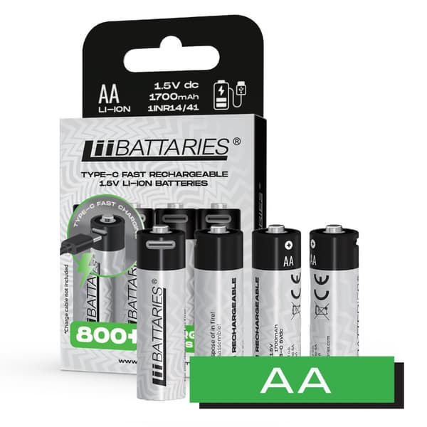 LiiBattaries KRAFTIGT GENOPLADELIGT BATTERI LITHIUM-ION BATTERI AA 4stk. USB-C 1700mAh 1,5V