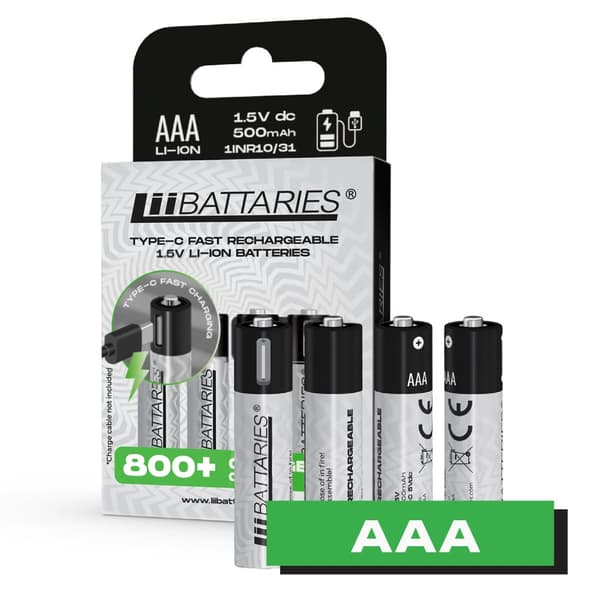 LiiBattaries KRAFTIGT GENOPLADELIGT BATTERI LITHIUM-ION AAA USB-C 4stk. 500mAh 1,5V