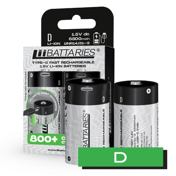 LiiBattaries KRAFTFULL UPPLDDNINGSBART BATTERI LITIUM-JON BATTERI D USB-C 2st. 6500mAh.