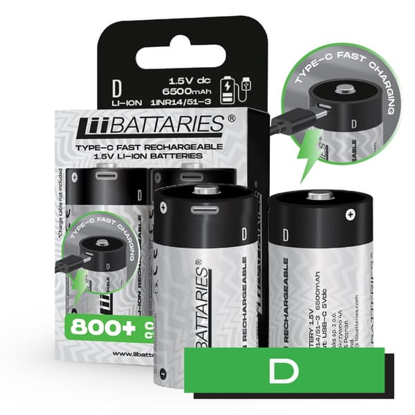 LiiBattaries KRAFTFULL UPPLDDNINGSBART BATTERI LITIUM-JON BATTERI D USB-C 2st. 6500mAh.