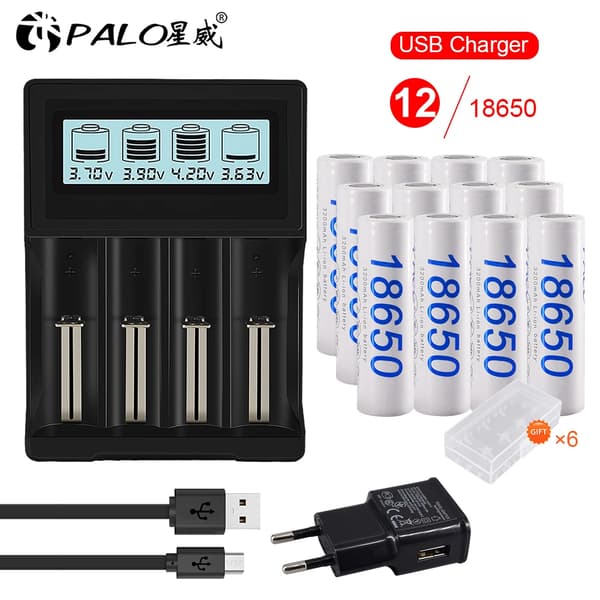 PALO 18650 Batteri, 3200mAh Kapacitet, 3.7V Spænding,12 stk. og oplader