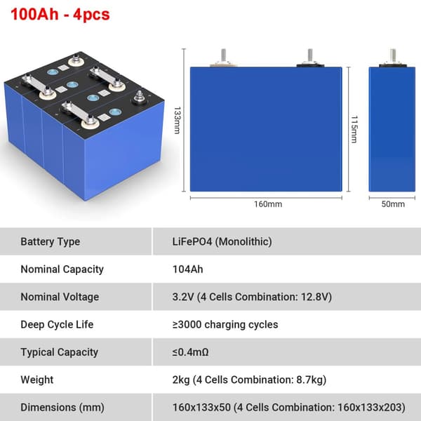 Lifepo4 Battericeller, 12V 280Ah Kapacitet, Lang Cykluslevetid,100Ah-4stk