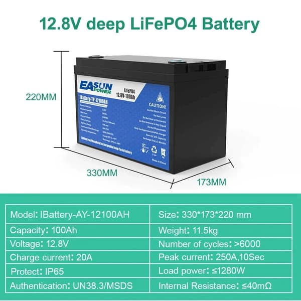 LiFePO4-batteri, 100Ah kapacitet, 12,8V spænding,12V 100AH