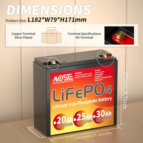 LiFePO4 Lithiumbatteri, 12V nominelt spænding, indbygget BMS,12V 25Ah