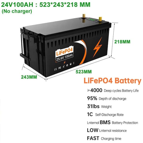 Litiumbatteri, 12V 100Ah, 24V 100Ah, Snabbladdning,24V 100Ah Lifepo4