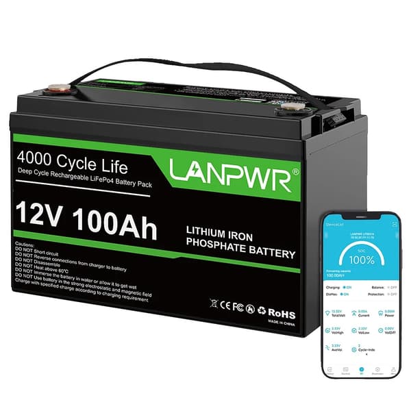 LiFePO4-akku, 1280Wh energia, yli 4000 latausjaksoa,LANPWR 12V 100AH, EU