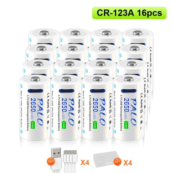 CR123A genopladeligt batteri, 3,7V spænding, 2650mWh kapacitet,16 stk. Batteri