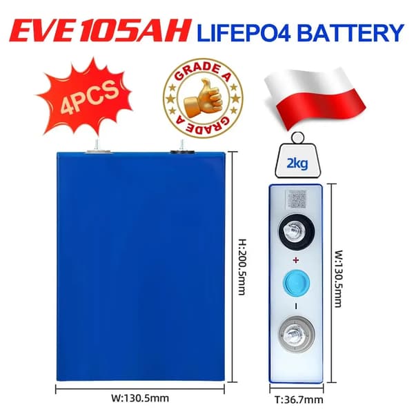 EVE105AH LiFePO4-batteri, 105Ah kapacitet, 3,2V nominelt spænding,4 STK EVE105AH
