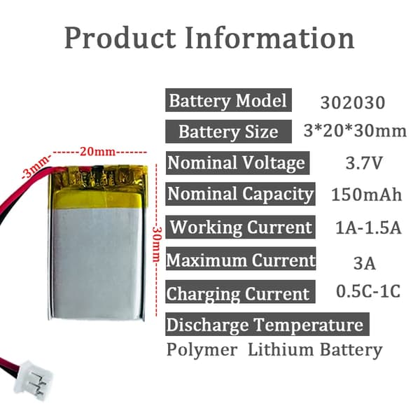 GPS MP3 MP4 Körningsinspelare Batteri, 150mAh Kapacitet, Kompakt Storlek,302030-150mAh 10st, 3,7V