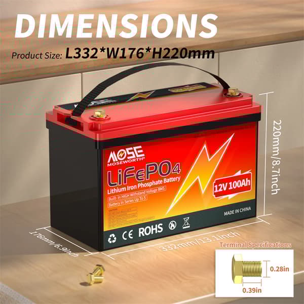 LiFePO4-batteri, 12V 100Ah, lang cykluslevetid,12V 100Ah