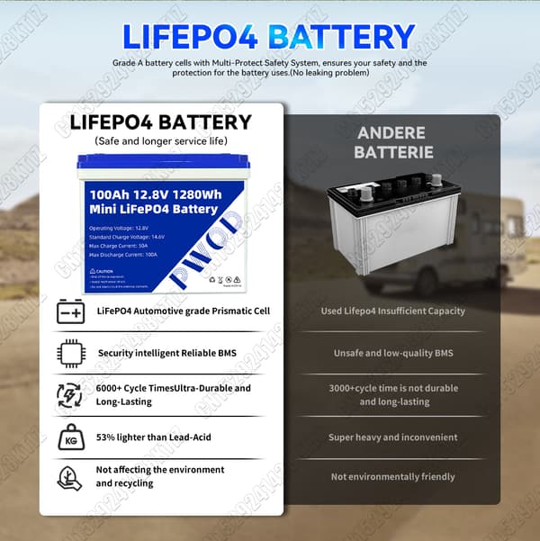 BCI Group 24 LiFePO4 batteripakke, 100AH kapacitet, 12.8V spænding,1STK