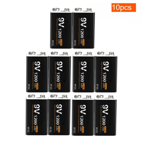 9V genopladeligt batteri, 1200mAh kapacitet, USB-opladning,9V, 10 stk. batteri