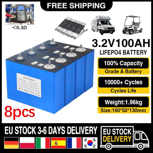 LiFePO4-batteri, 10000+ cyklusliv, 3,2V spænding,100ah-8stk