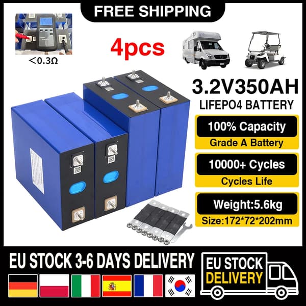LiFePO4-batteri, 10000+ cyklusliv, 3,2V spænding,350ah-4stk