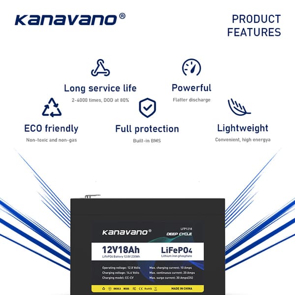 Kanavano Lifepo4 Batteripack, 12.8V 18Ah, Lång cykellivslängd,12,8V 18Ah