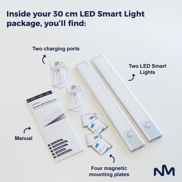 Sladdlös skåplampa, 2 st - 30 cm - Sunmatic - LED-lampor med rörelsesensor - USB-C uppladdningsbar, 3 färger och dimbar, 90LM - Belysning för garderob