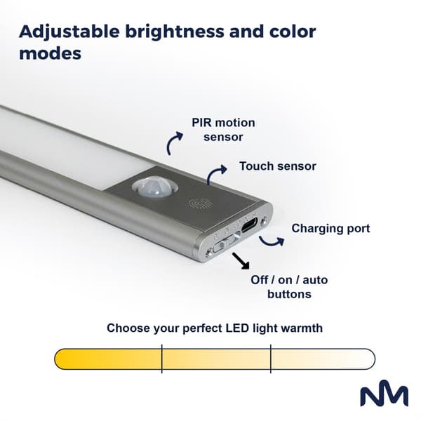 Sladdlös skåplampa, 2 st - 30 cm - Sunmatic - LED-lampor med rörelsesensor - USB-C uppladdningsbar, 3 färger och dimbar, 90LM - Belysning för garderob
