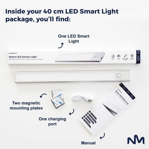 Sladdlös skåplampa - 40 cm - Sunmatic - LED-lampor med rörelsesensor - USB-C uppladdningsbar, 3 färger och dimbar, 120LM - Belysning för garderober, k