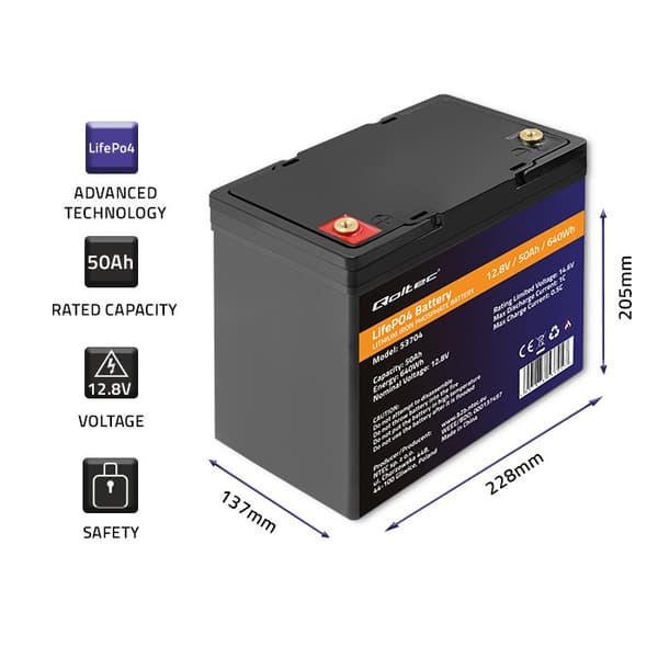Qoltec 53704 LiFePO4 litiumjernfosfatbatteri | 12,8V | 50Ah | 640Wh | BMS