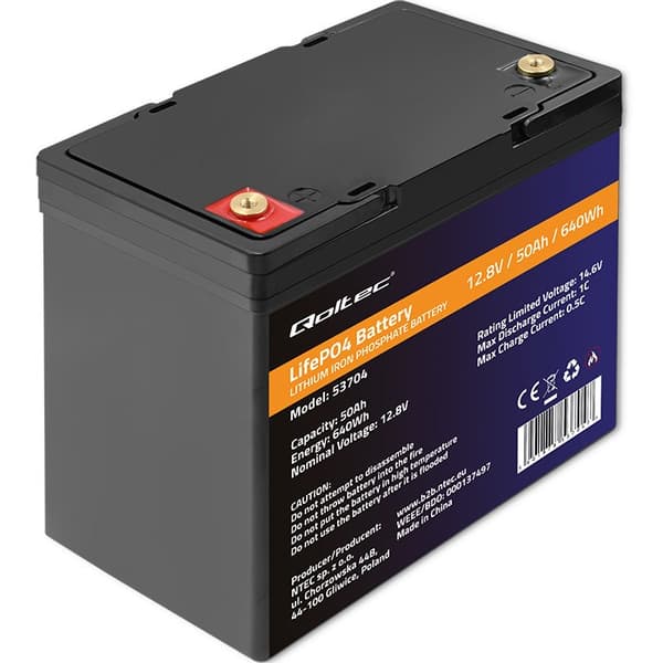Qoltec 53704 LiFePO4 litiumjernfosfatbatteri | 12,8V | 50Ah | 640Wh | BMS