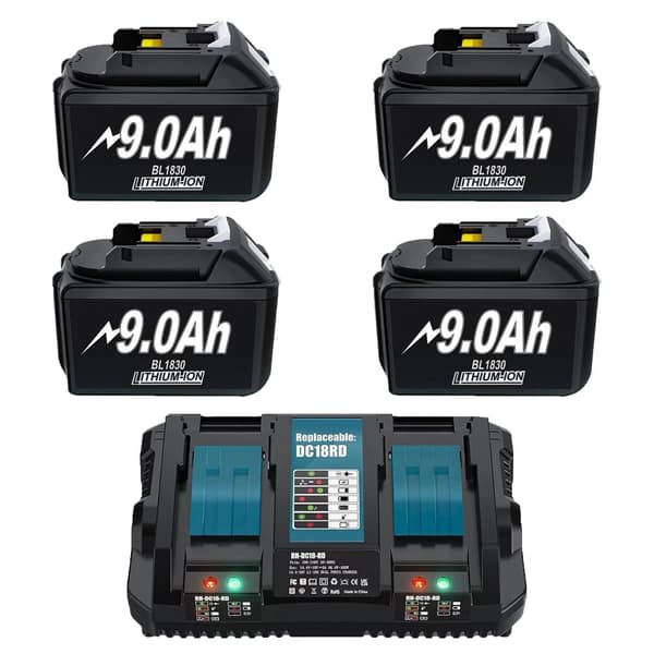 Vaihtobatteri, 18V 9000mAh kapasiteetti, yhteensopiva useiden mallien kanssa,4 Akut 1 Laturi