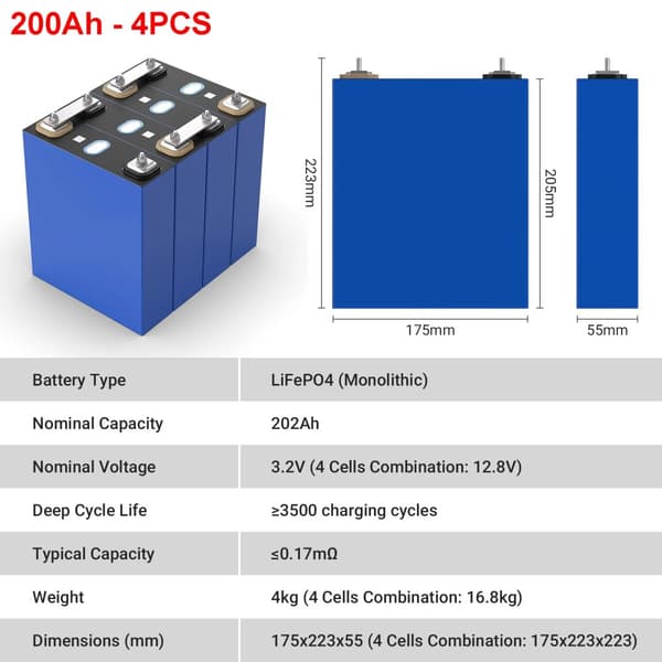 Lifepo4 Battericeller, 12V 280Ah Kapacitet, Lang Cykluslevetid,200Ah-4stk