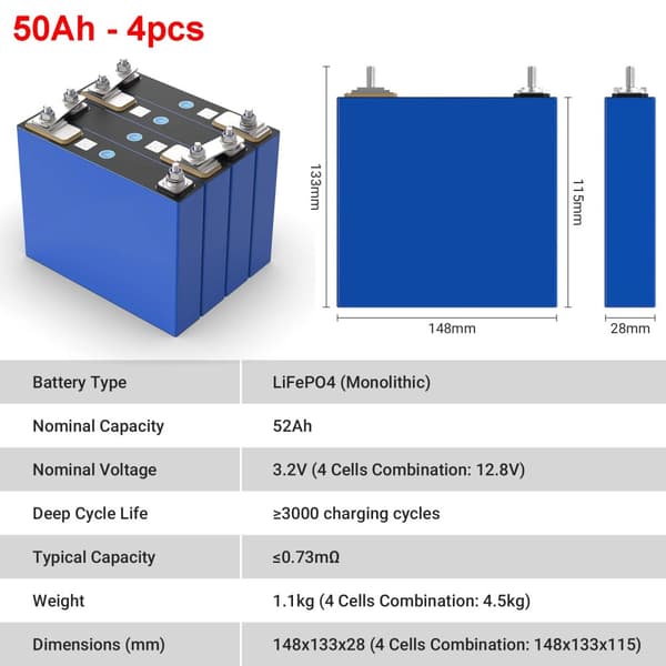 Lifepo4 Battericeller, 12V 280Ah Kapacitet, Lang Cykluslevetid,50Ah-4stk