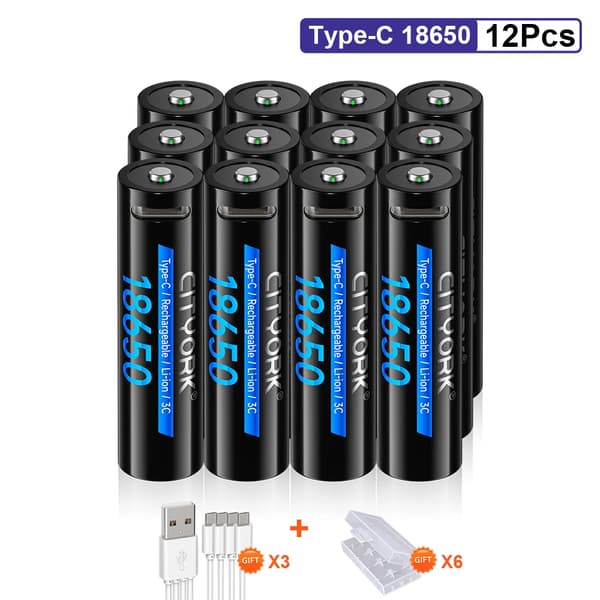 18650 Genopladeligt Batteri, 3400mAh Kapacitet, Type C Opladning,12Battery