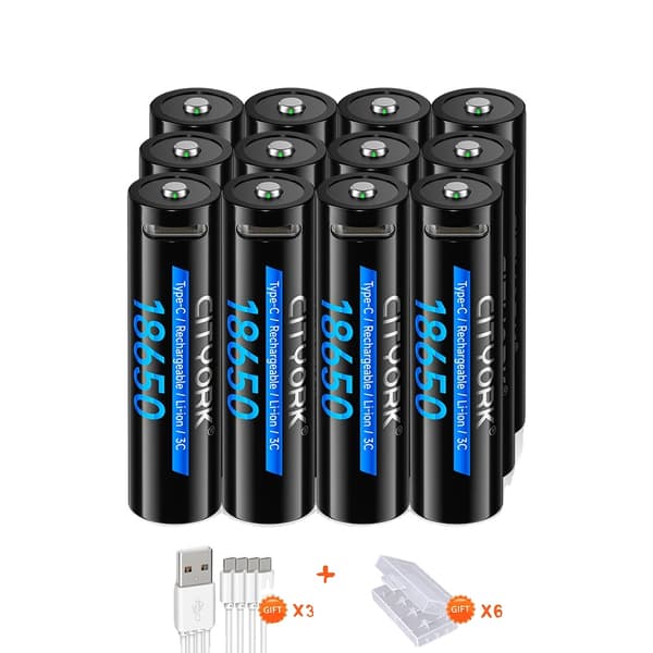 18650 Genopladeligt Batteri, 3400mAh Kapacitet, Type C Opladning,12Battery