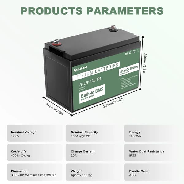 LiFePO4-batteri, 12,8V 100AH, 1280WH energi,12,8V 100AH 1280WH