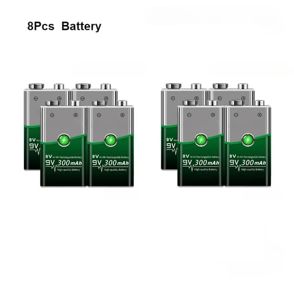 9V Genopladeligt Batterisæt, 300mAh Kapacitet, Inkluderer Smart Oplader,8 batterier-a