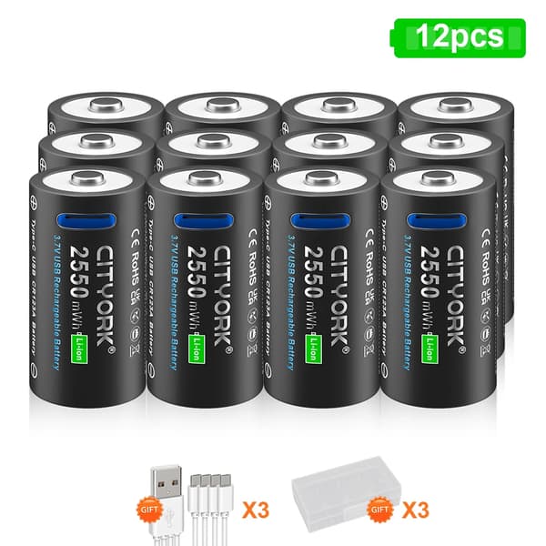 Genopladeligt CR123A-batteri, 2550mWh kapacitet, alsidigt til lommelygter,12 stk 16340 batteri