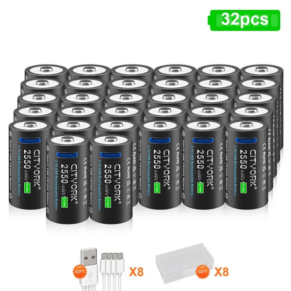 Genopladeligt CR123A-batteri, 2550mWh kapacitet, alsidigt til lommelygter,32 stk 16340 batteri