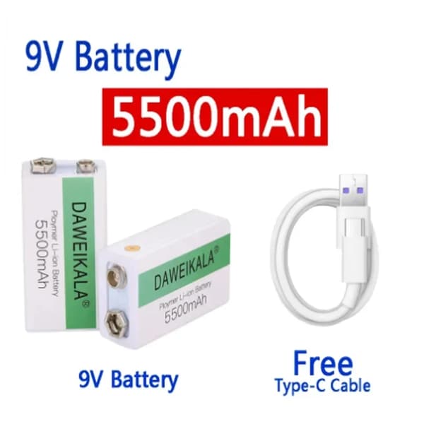 9V litiumakku, 5500mAh kapasiteetti, kompakti muotoilu,9V USB5500 2kpl