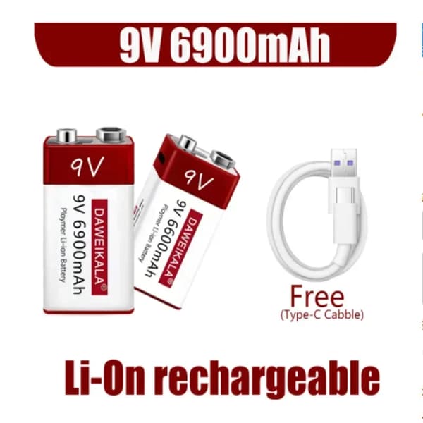 9V Lithiumbatteri, 6900mAh kapacitet, alsidig anvendelse,9V USB6900 2Stk