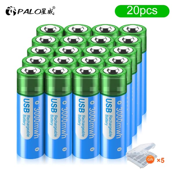 PALO 3000mAh AA USB Genopladeligt Batteri, Praktisk USB Opladning, Multi-Pack Muligheder,20 stk, 1,5V