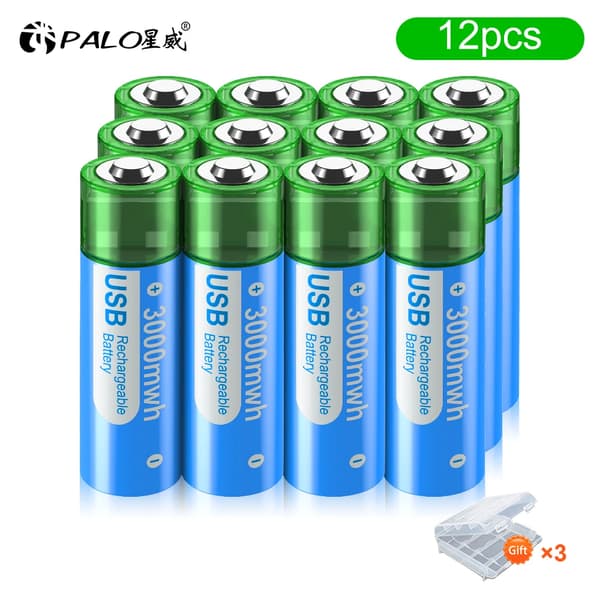 PALO 3000mAh AA USB Genopladeligt Batteri, Praktisk USB Opladning, Multi-Pack Muligheder,1,5V, 12 stk.