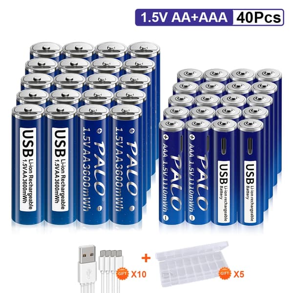 USB-genopladelige AA+AAA-batterier, høj kapacitet 3600mWh/1110mWh, lang cykluslevetid,20AA og 20AAA